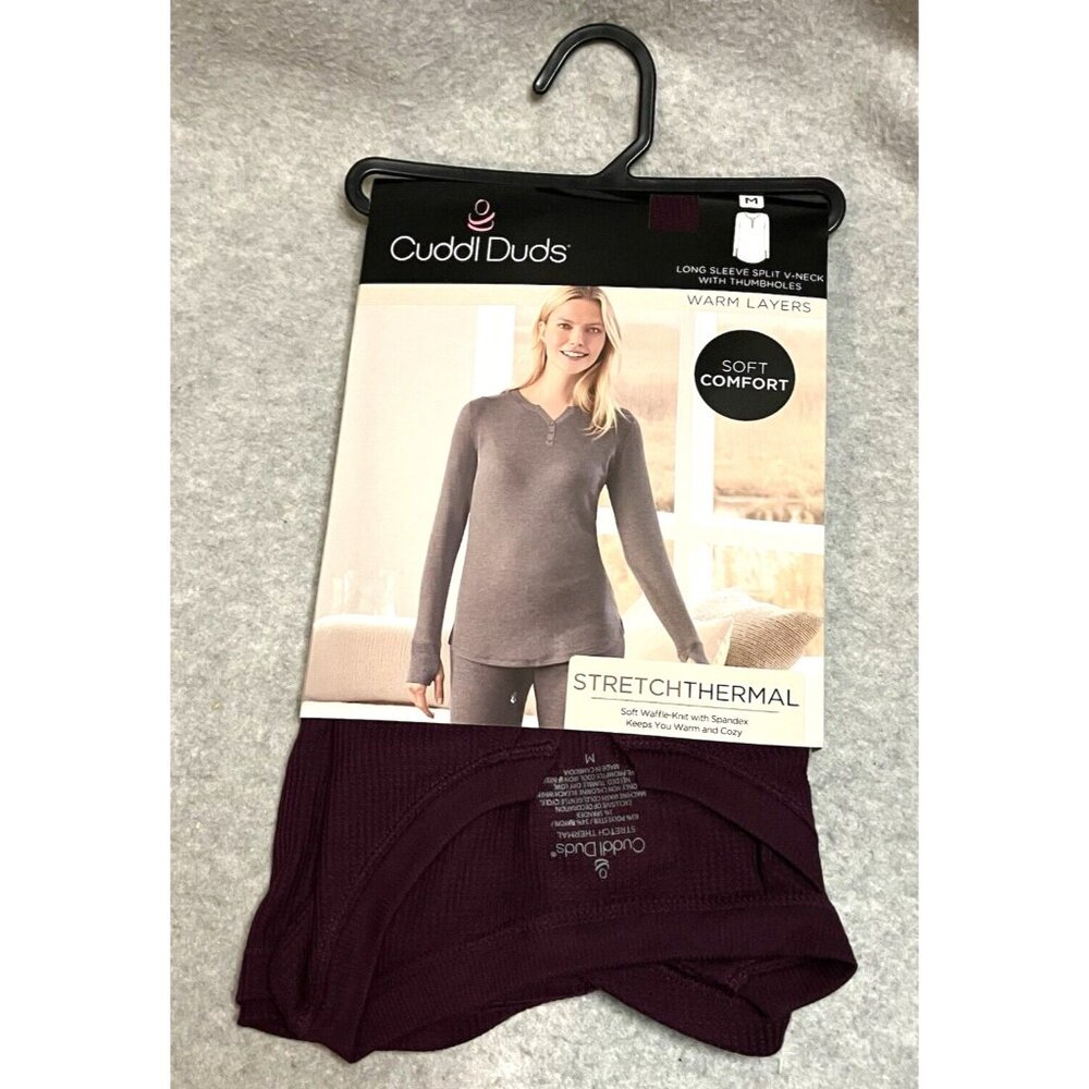 NEW Cuddl Duds Women's Size M Grape Stretch Thermal Long Sleeve Split V Neck
